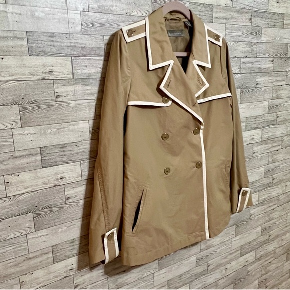 Liz Claiborne‎ Size Large Khaki With White Trim Lined Rain/Trench Jacket Buttons - Picture 6 of 14
